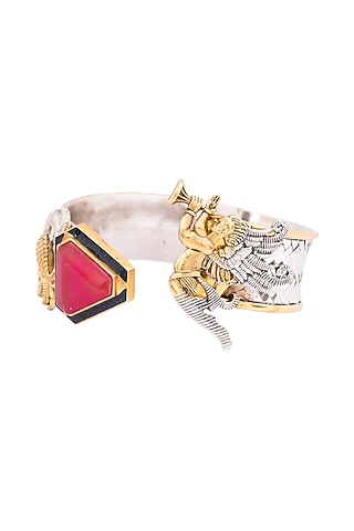 Two Tone Finish Red Doublet Stone & Cherub Motif Adjustable Cuff Bracelet In Sterling Silver by Bhatter's