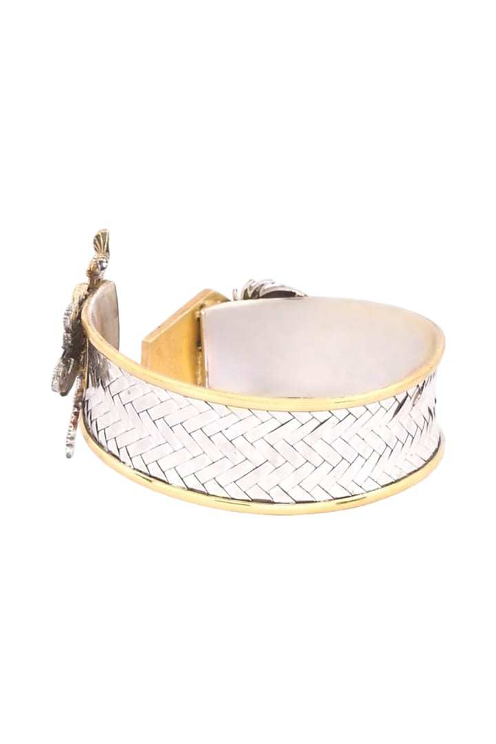 Two Tone Finish Red Doublet Stone & Cherub Motif Adjustable Cuff Bracelet In Sterling Silver by Bhatter's at Pernia's Pop Up Shop
