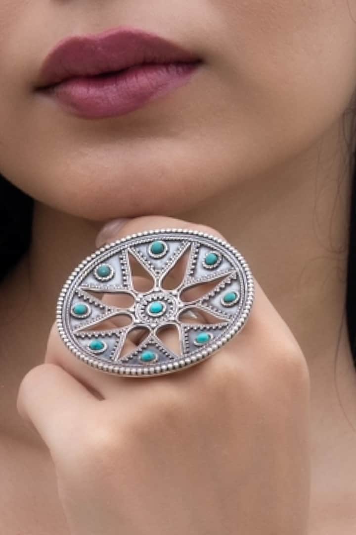 Black Rhodium Finish Turquoise Stone Ring In Sterling Silver by Bhatter's at Pernia's Pop Up Shop