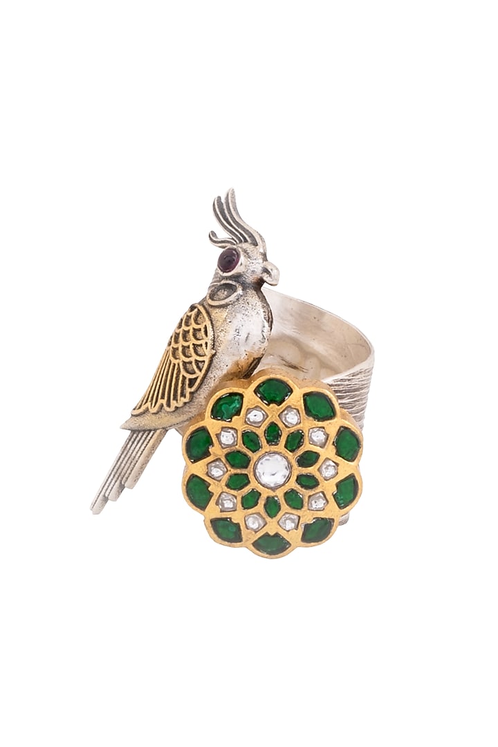 Two Tone Finish Green Kundan Polki Stone Avian Bird Ring In Sterling Silver by Bhatter's
