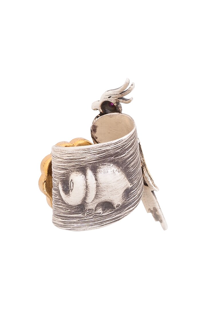 Two Tone Finish Green Kundan Polki Stone Avian Bird Ring In Sterling Silver by Bhatter's at Pernia's Pop Up Shop