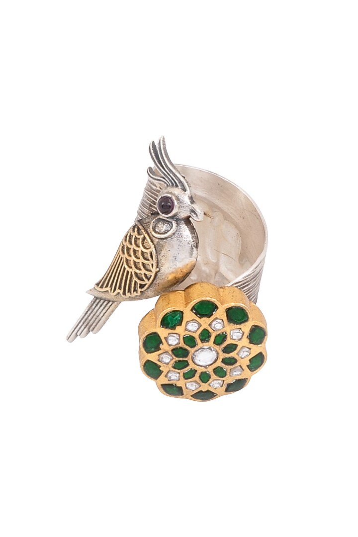 Two Tone Finish Green Kundan Polki Stone Avian Bird Ring In Sterling Silver by Bhatter's at Pernia's Pop Up Shop