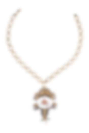 Two Tone Finish White Mother Of Pearls Long Necklace In Sterling Silver by Bhatter's