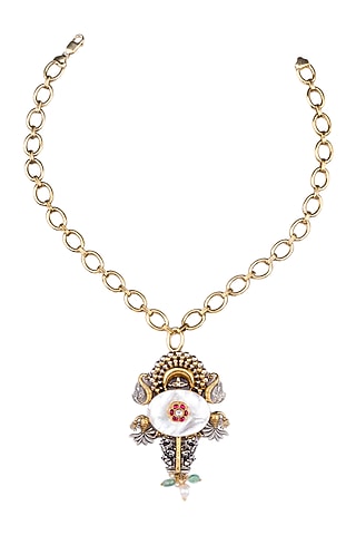 Two Tone Finish White Mother Of Pearls Long Necklace In Sterling Silver by Bhatter's
