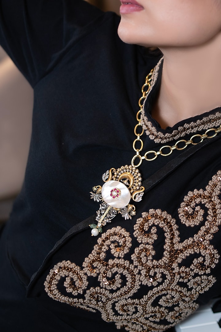 Two Tone Finish White Mother Of Pearls Long Necklace In Sterling Silver by Bhatter's at Pernia's Pop Up Shop