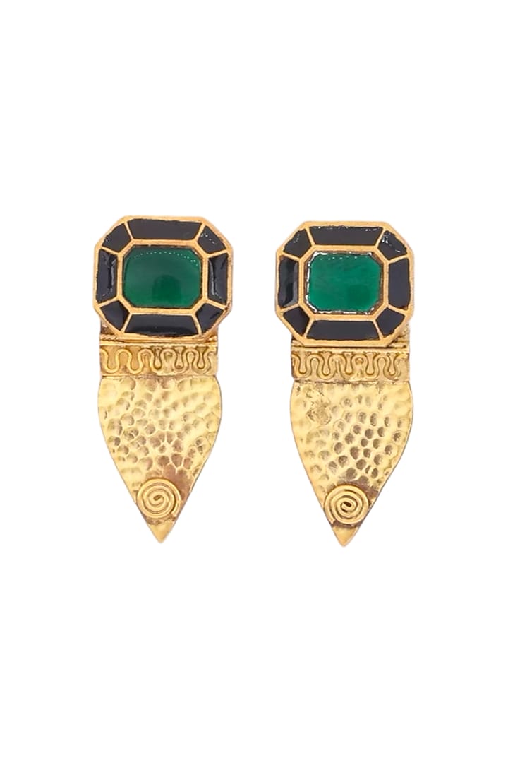Gold Finish Green Doublet Stone Stud Earrings In Sterling Silver by Bhatter's