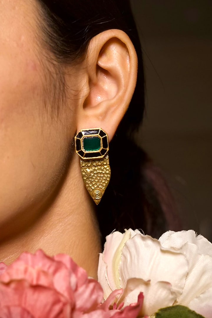 Gold Finish Green Doublet Stone Stud Earrings In Sterling Silver by Bhatter's at Pernia's Pop Up Shop