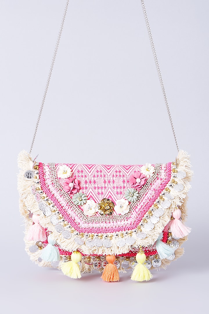 Neon Pink Embroidered Boho Clutch by BHAVNA KUMAR