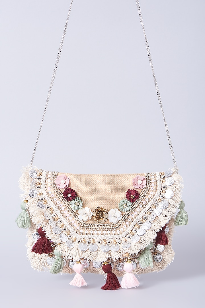 Beige Embroidered Boho Clutch by BHAVNA KUMAR at Pernia's Pop Up Shop