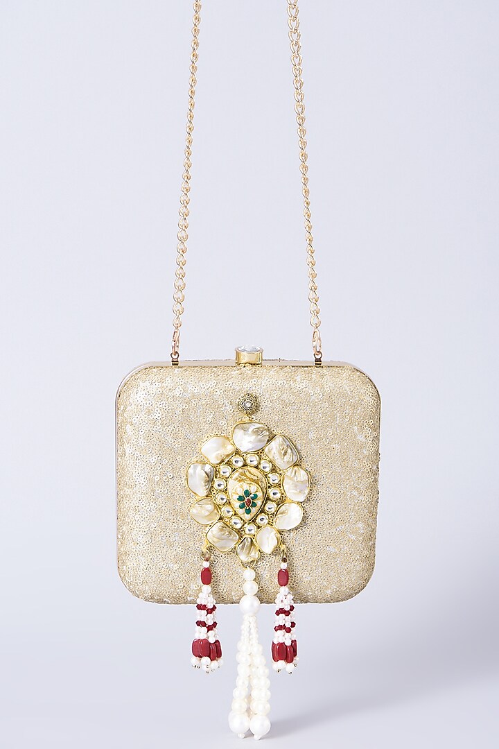 Gold Embroidered Box Clutch by BHAVNA KUMAR