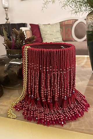Red Velvet Hand Embroidered Bucket Potli by BHAVNA KUMAR