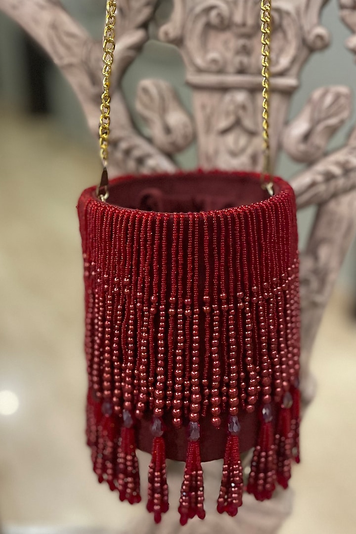 Red Velvet Hand Embroidered Bucket Potli by BHAVNA KUMAR at Pernia's Pop Up Shop