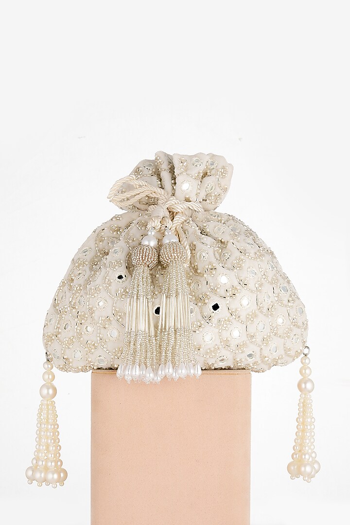 White Hand Embroidered Potli Bag by BHAVNA KUMAR at Pernia's Pop Up Shop