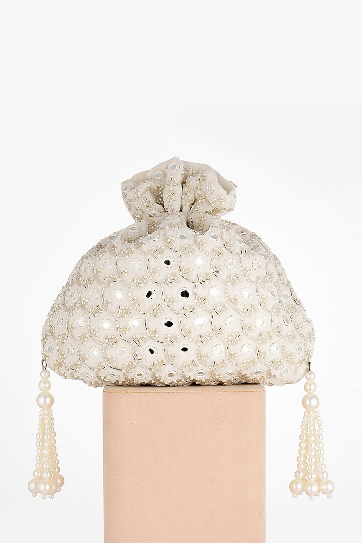 White Hand Embroidered Potli Bag by BHAVNA KUMAR at Pernia's Pop Up Shop