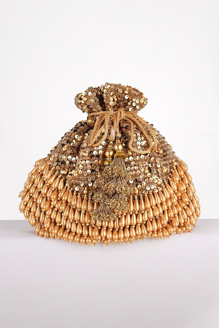 Golden Embroidered Potli Bag by BHAVNA KUMAR