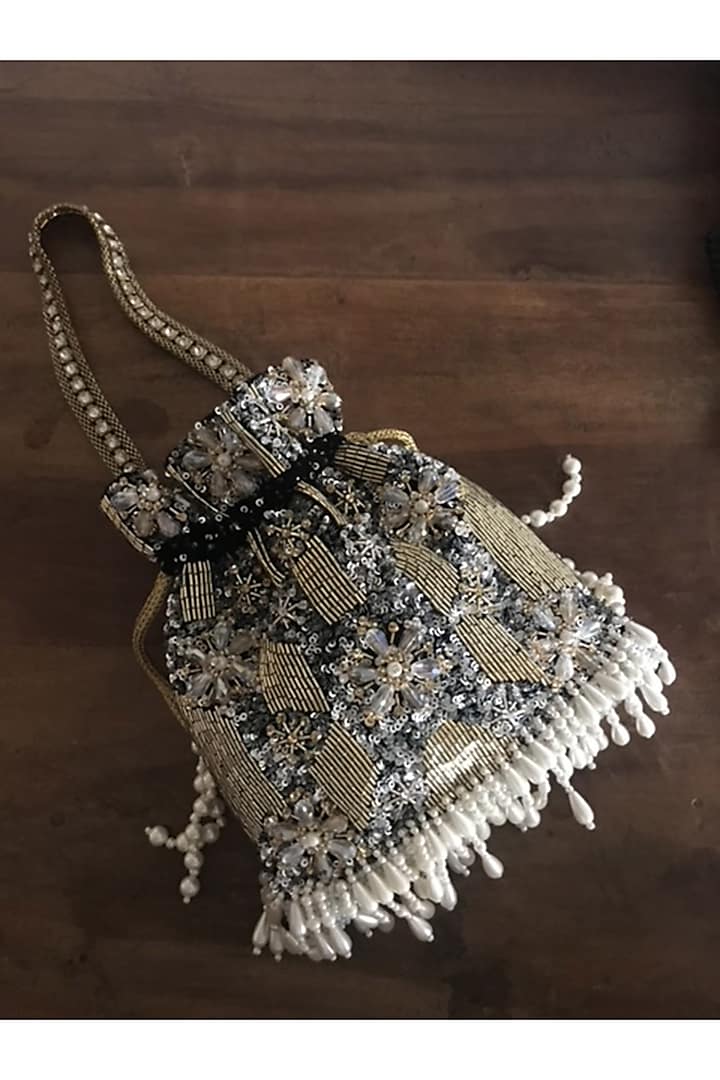 Golden Hand Embroidered Potli Bag by BHAVNA KUMAR