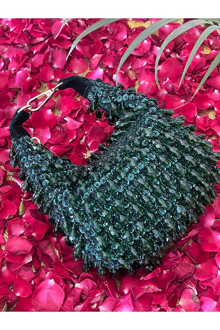 Bottle Green Suedette Embroidered Crescent Bag by BHAVNA KUMAR at Pernia's Pop Up Shop