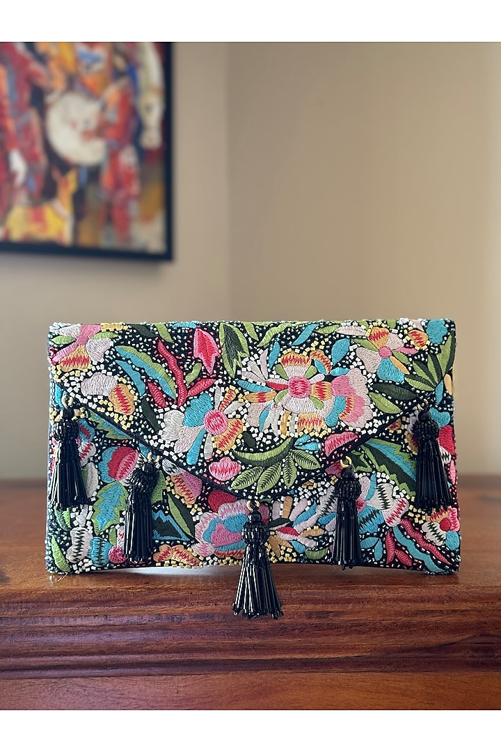 Multi-Colored Cotton Embroidered Clutch by BHAVNA KUMAR