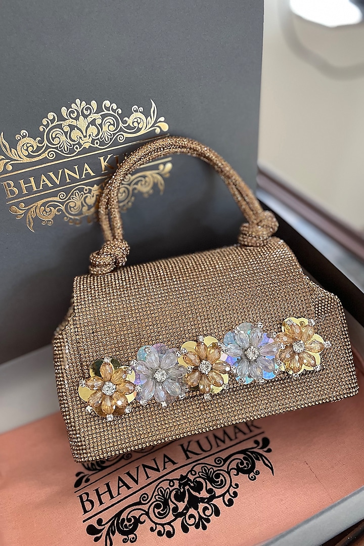 Gold Silk Embellished Tote Bag by BHAVNA KUMAR