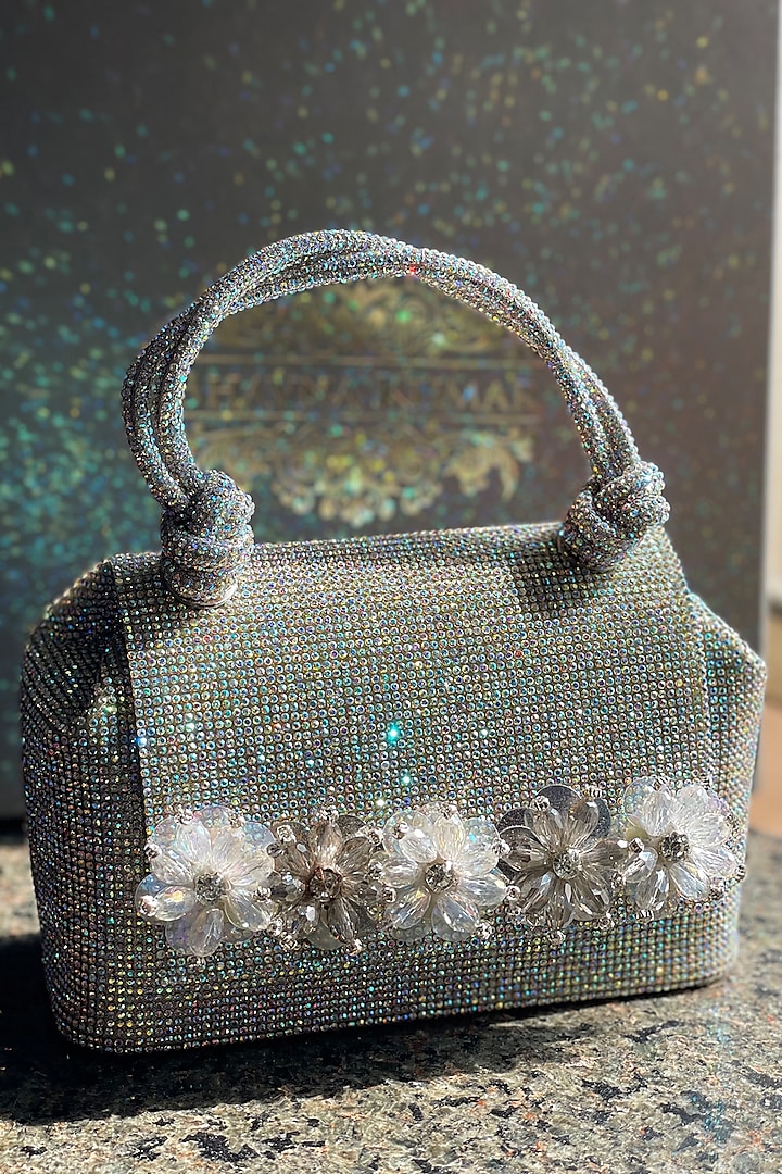 Silver Silk Embellished Tote Bag by BHAVNA KUMAR