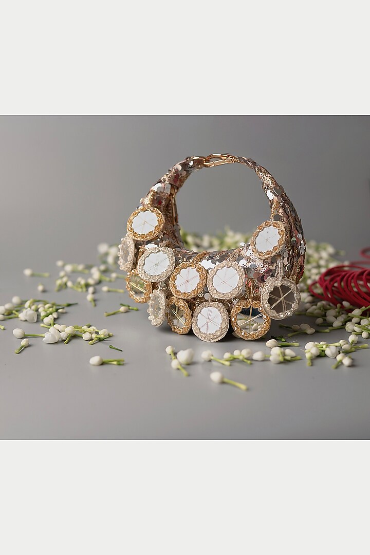 Silver Gold Sequinned Net Embroidered Mini Bag by BHAVNA KUMAR at Pernia's Pop Up Shop