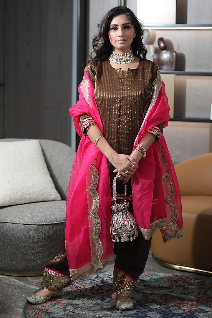 Rose Gold Sequinned Net Embroidered Potli by BHAVNA KUMAR at Pernia's Pop Up Shop