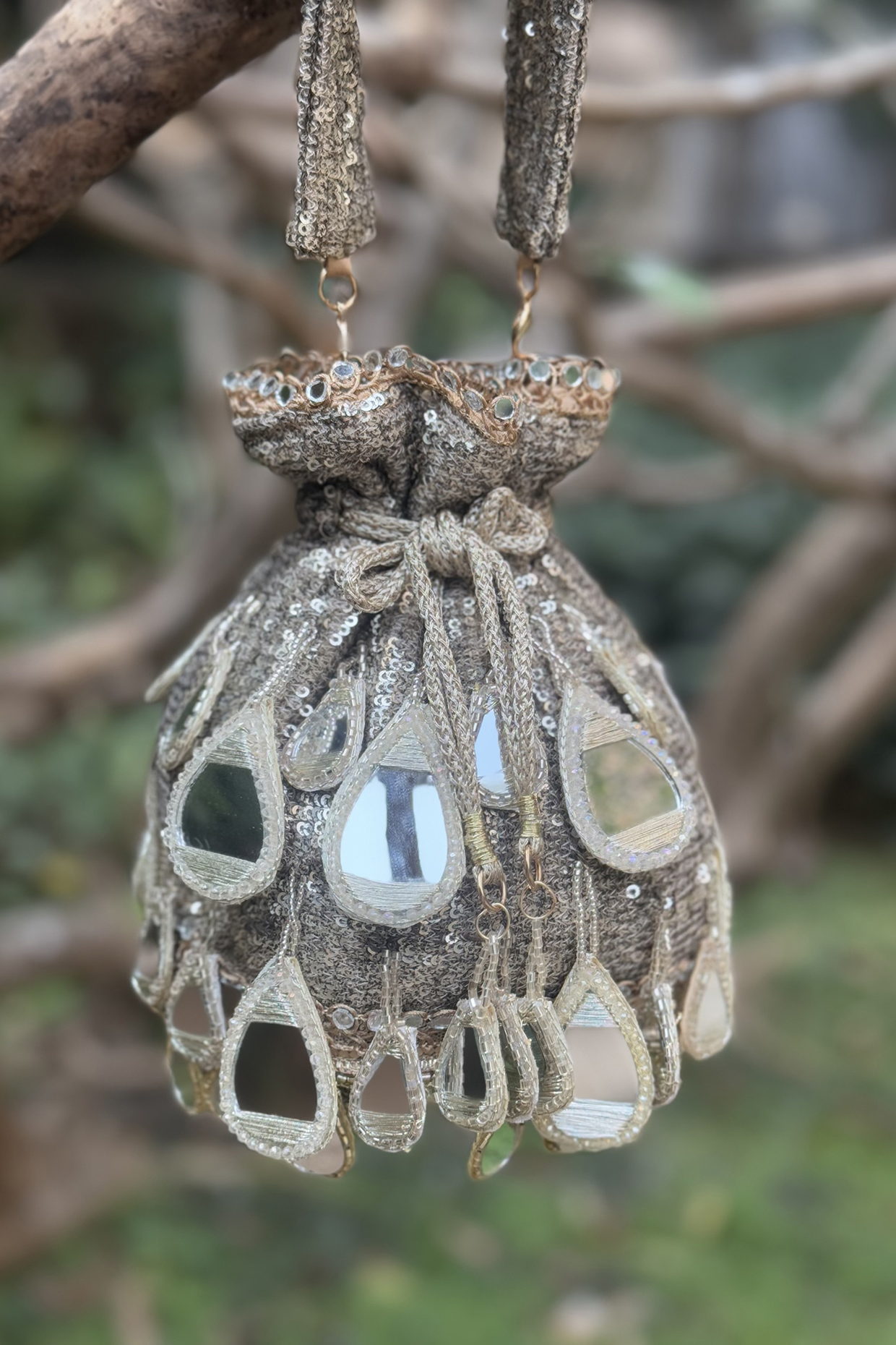 Gold Sequinned Net Potli by BHAVNA KUMAR at Pernia's Pop Up Shop