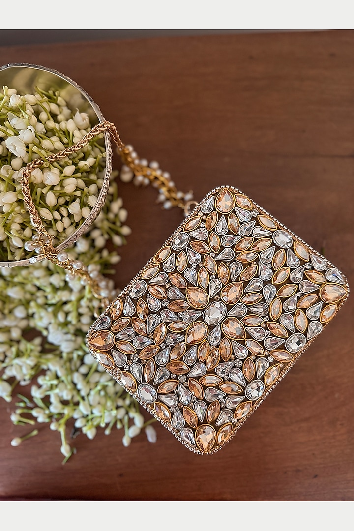 Gold & Silver Faux Silk Hand Embroidered Clutch by BHAVNA KUMAR at Pernia's Pop Up Shop