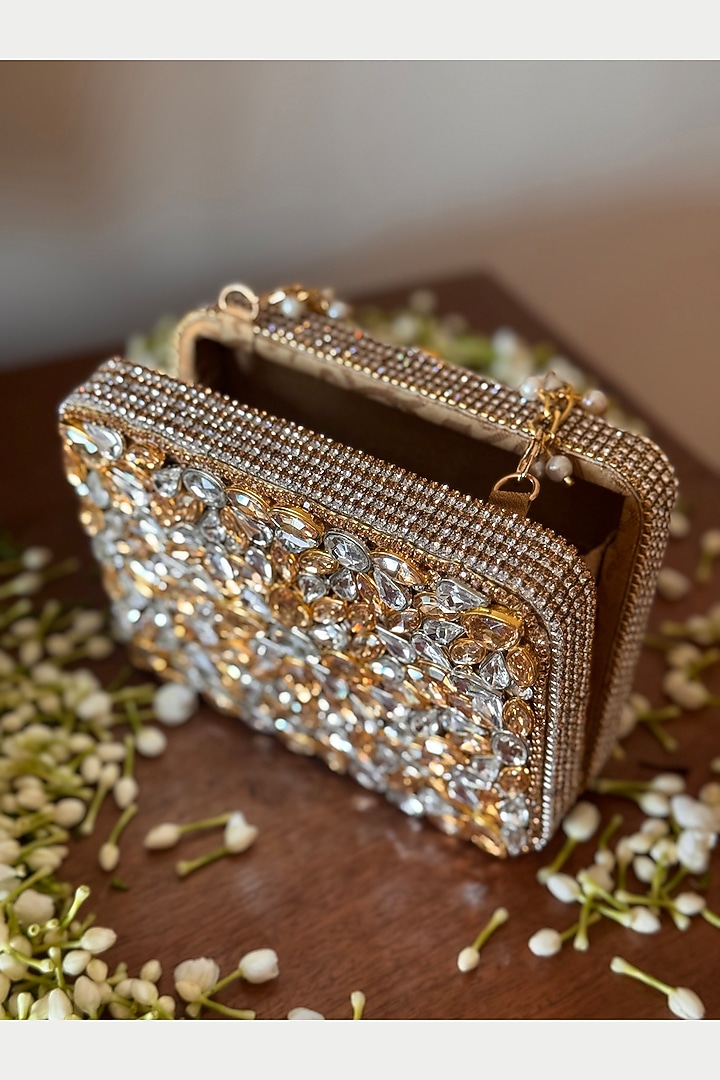 Gold & Silver Faux Silk Hand Embroidered Clutch by BHAVNA KUMAR at Pernia's Pop Up Shop