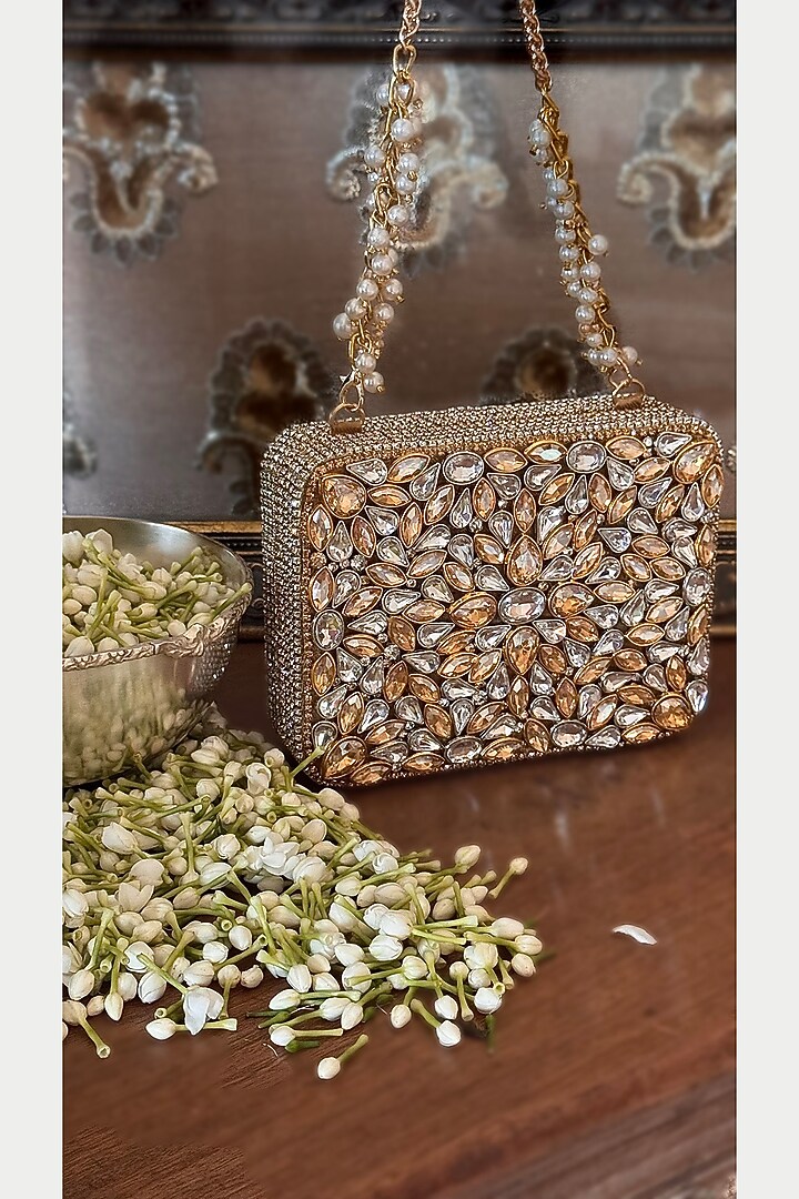 Gold & Silver Faux Silk Hand Embroidered Clutch by BHAVNA KUMAR at Pernia's Pop Up Shop