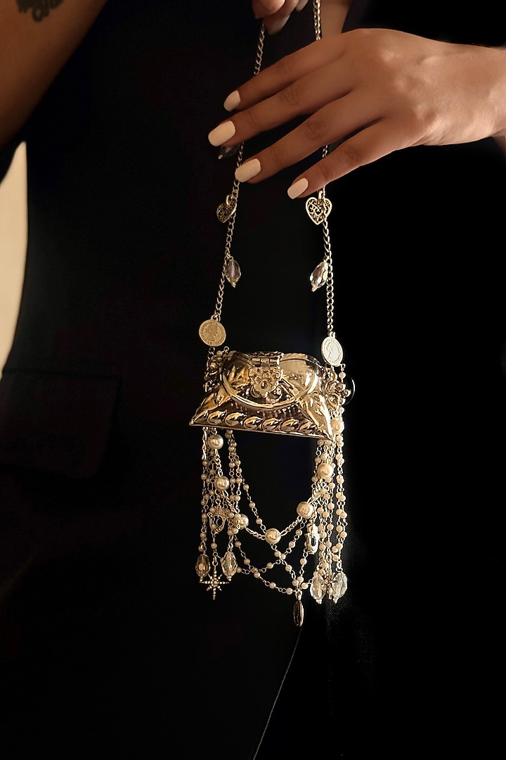 Silver Metal Embroidered Mini Bag by BHAVNA KUMAR at Pernia's Pop Up Shop