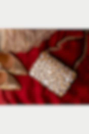 White & Gold Suedette Stone Embroidered Clutch by BHAVNA KUMAR at Pernia's Pop Up Shop