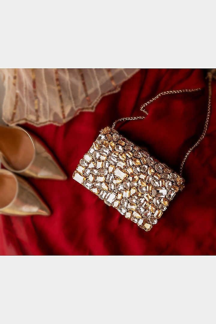 White & Gold Suedette Stone Embroidered Clutch by BHAVNA KUMAR at Pernia's Pop Up Shop