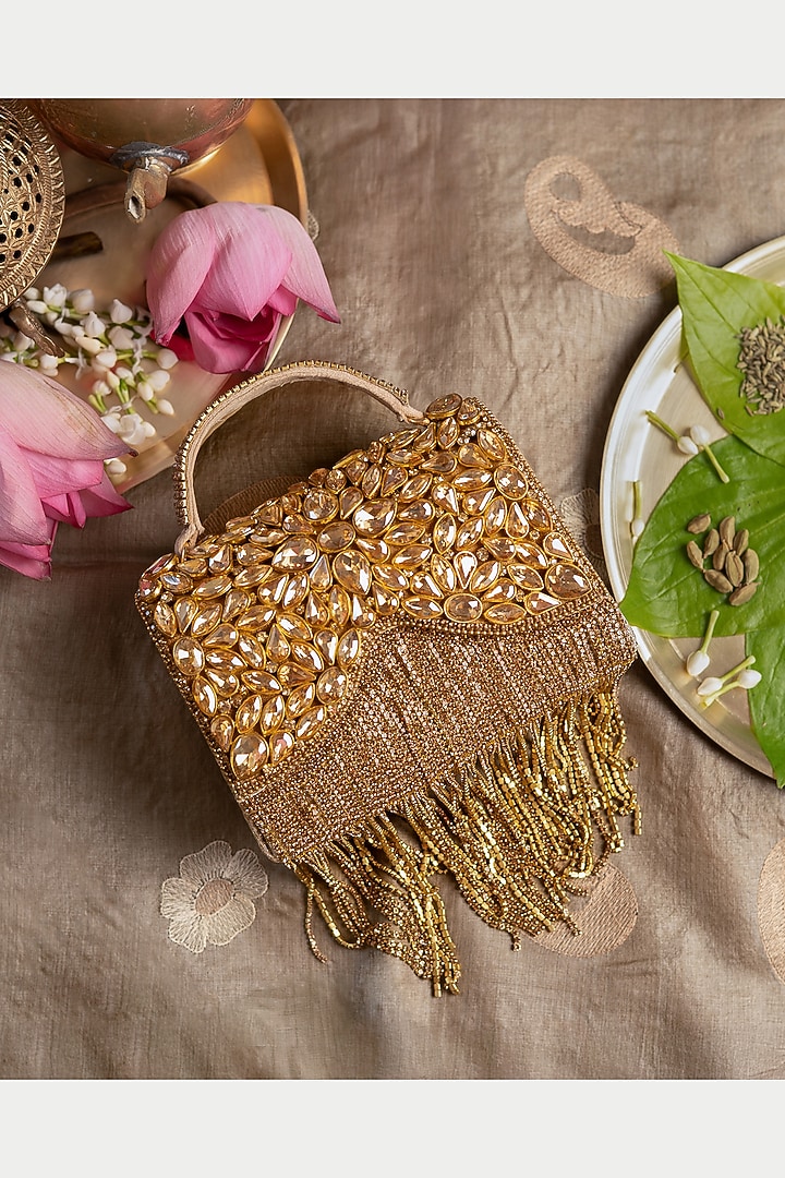 Gold Faux Silk Kundan Work Clutch by BHAVNA KUMAR at Pernia's Pop Up Shop