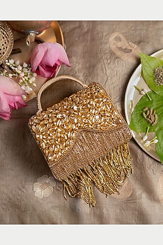 Gold Faux Silk Kundan Work Clutch by BHAVNA KUMAR
