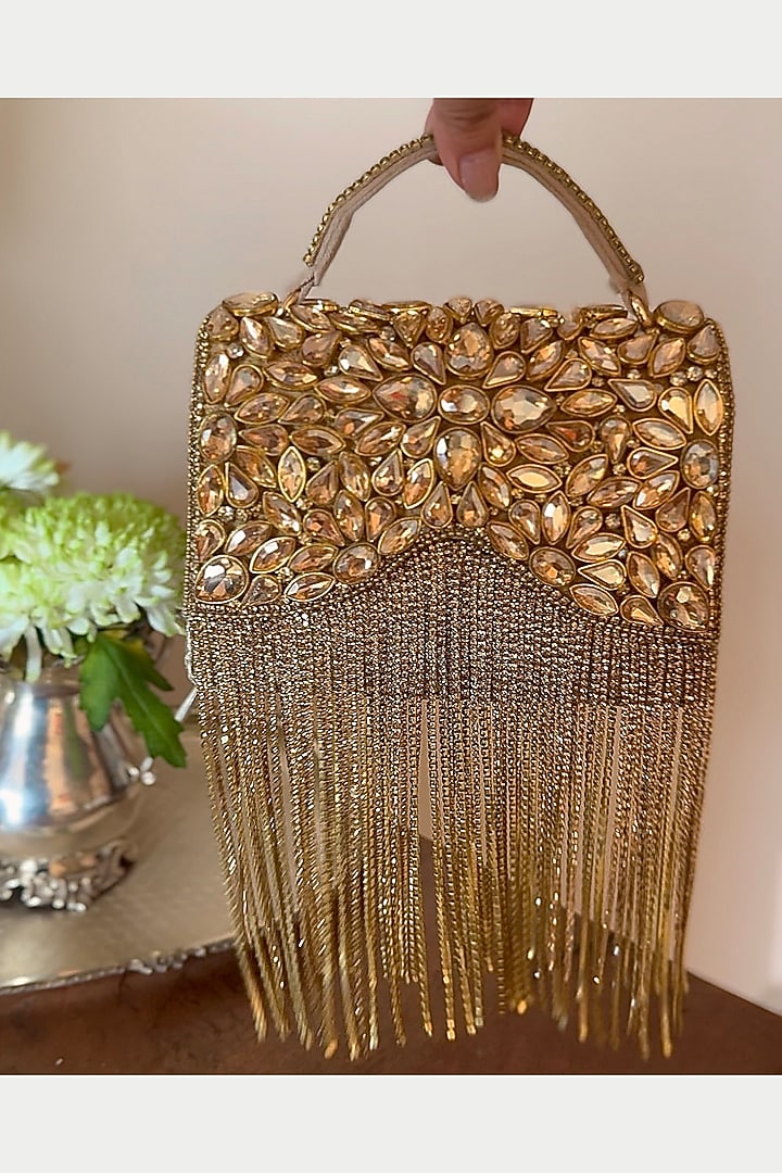 Gold Faux Silk Kundan Work Clutch by BHAVNA KUMAR at Pernia's Pop Up Shop