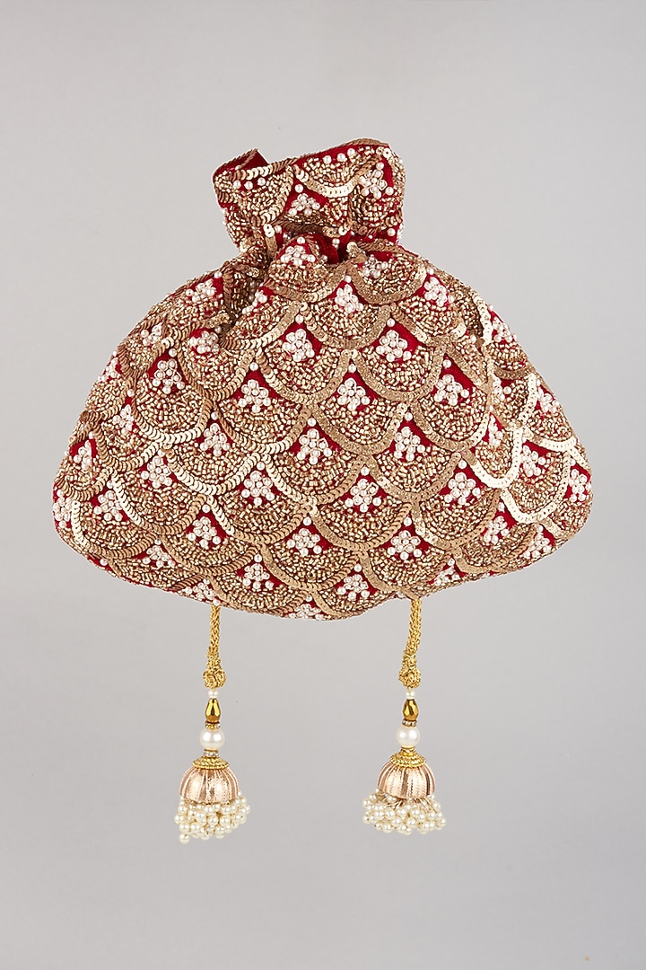 Red Hand Embroidered Potli by BHAVNA KUMAR at Pernia's Pop Up Shop