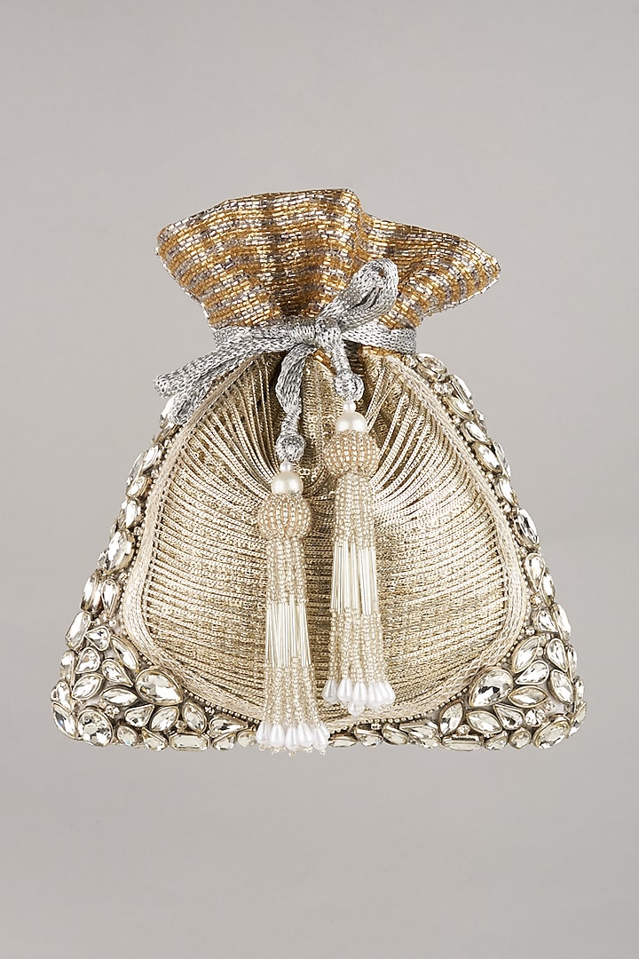 Silver & Bronze Hand Embroidered Potli by BHAVNA KUMAR at Pernia's Pop Up Shop