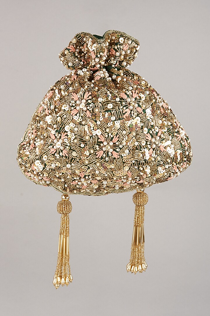 Bottle Green & Pink Hand Embroidered Potli by BHAVNA KUMAR at Pernia's Pop Up Shop