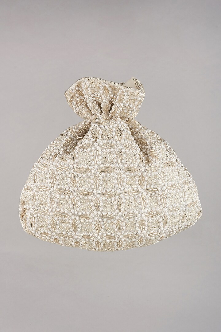 White Hand Embroidered Potli With Handle by BHAVNA KUMAR at Pernia's Pop Up Shop