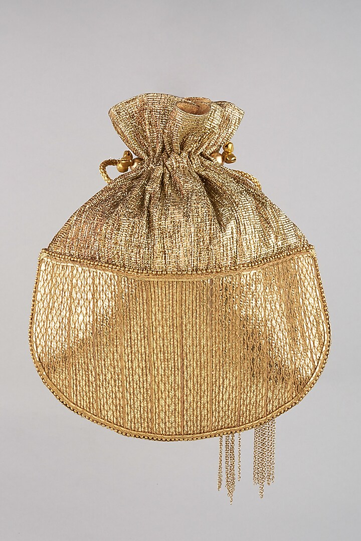 Gold Hand Embroidered Potli by BHAVNA KUMAR at Pernia's Pop Up Shop