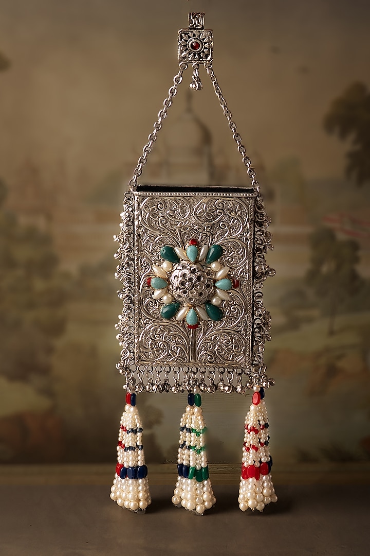 Antique Silver Metal Pearl Embellished Mini Bag by BHAVNA KUMAR at Pernia's Pop Up Shop