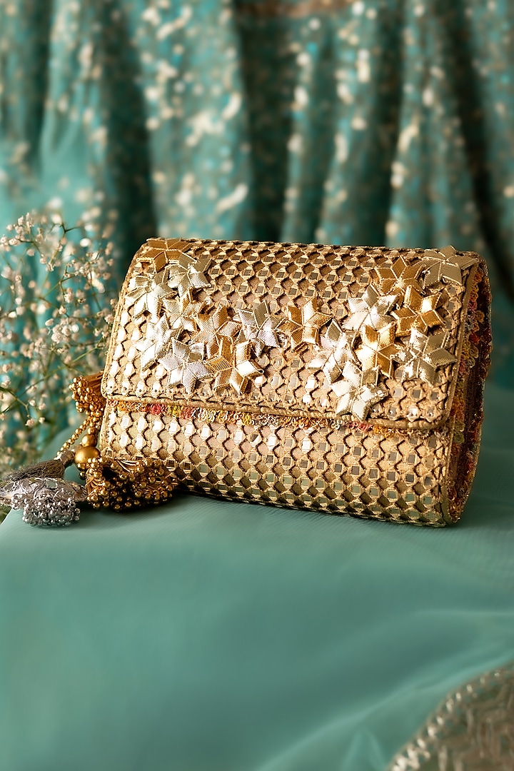 Gold & Silver Fabric Mirror Work Clutch by BHAVNA KUMAR at Pernia's Pop Up Shop