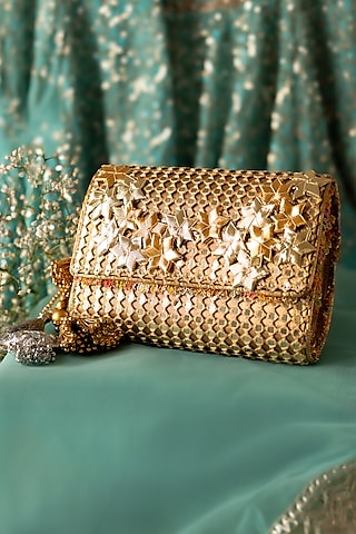 Gold & Silver Fabric Mirror Work Clutch by BHAVNA KUMAR