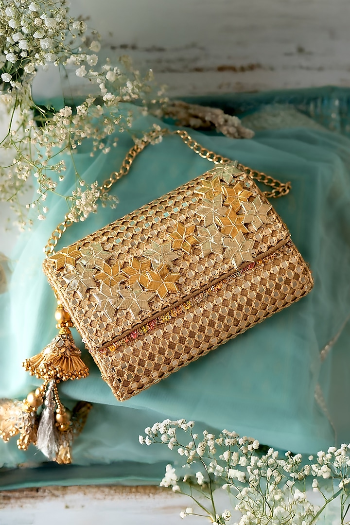 Gold & Silver Fabric Mirror Work Clutch by BHAVNA KUMAR at Pernia's Pop Up Shop