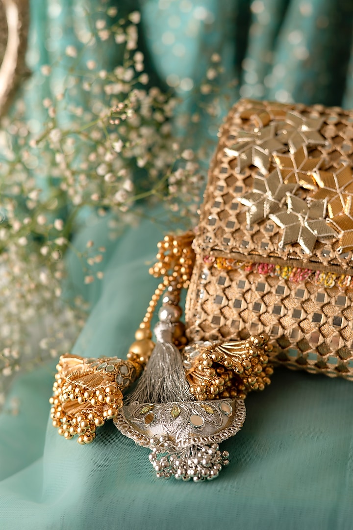 Gold & Silver Fabric Mirror Work Clutch by BHAVNA KUMAR at Pernia's Pop Up Shop