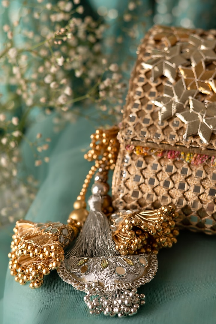Gold & Silver Fabric Mirror Work Clutch by BHAVNA KUMAR at Pernia's Pop Up Shop