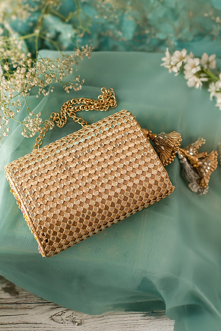 Gold & Silver Fabric Mirror Work Clutch by BHAVNA KUMAR at Pernia's Pop Up Shop