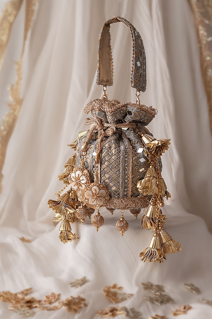 Greyish Blue Fabric Embroidered Potli by BHAVNA KUMAR at Pernia's Pop Up Shop