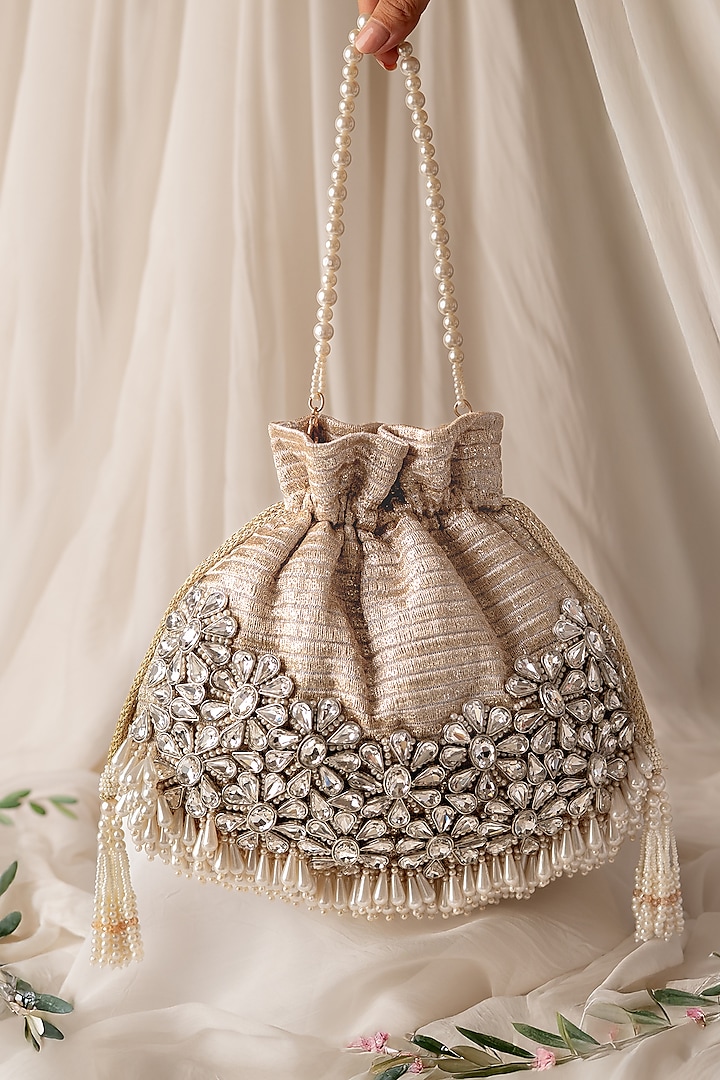 Gold & Silver Fabric Hand Embroidered Potli by BHAVNA KUMAR at Pernia's Pop Up Shop